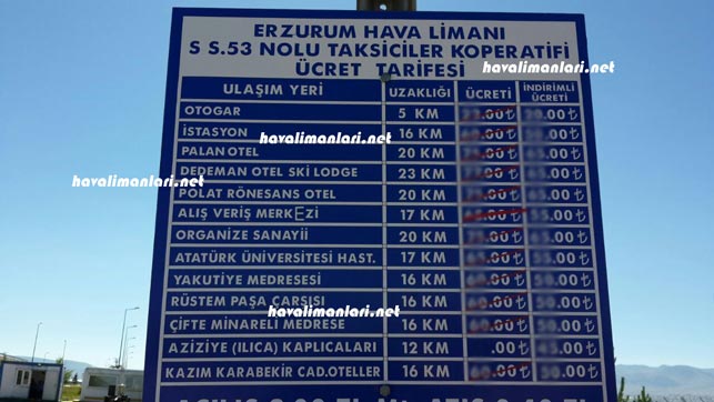 Erzurum Havalimanı Taksi, Taksi Telefon, Taksi ücreti