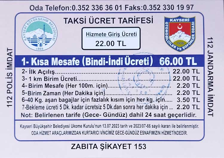 Kayseri Erkilet  Havalimanı taksi ücret tarifesi